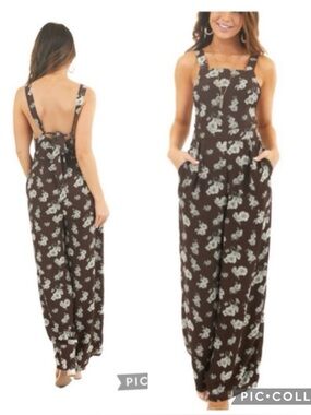 SADIE & SAGE BROWN FLORAL WIDE-LEG JUMPSUIT OPEN BACK TIE BOHO FLOWY ONE-PIECE